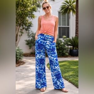 Sunny Leigh Blue Tie Dye Pockets Wide Leg Elastic Waist Lounge Pants NWT Small